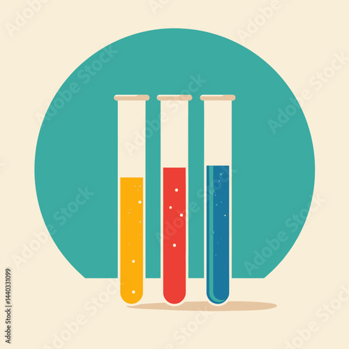 Three test tubes with yellow, red, and blue liquids