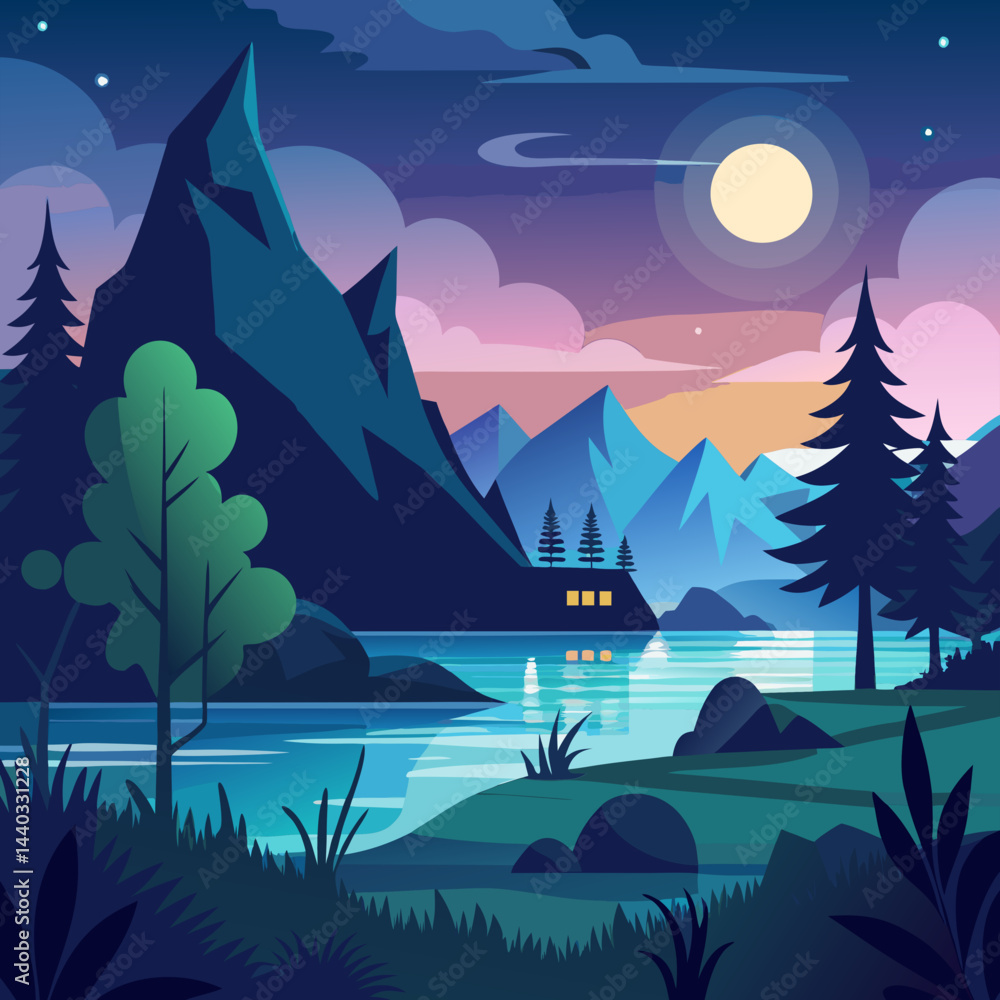 Fototapeta premium Download Natural Scenery And Night Silhouette Vector Illustration White Background Svg File For Design.