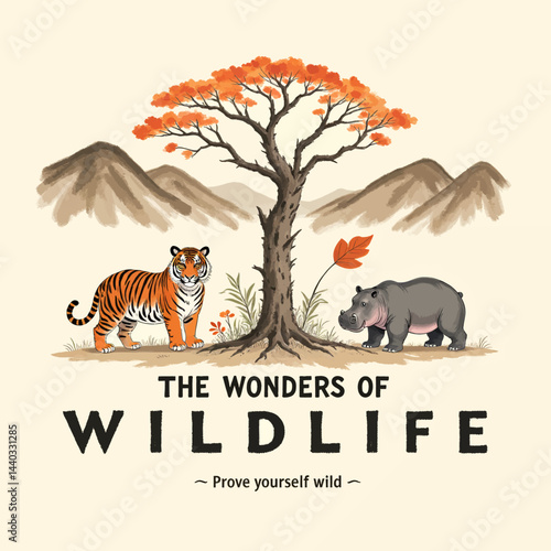 Tiger and Hippo Under Autumn Tree, Wildlife Wonders