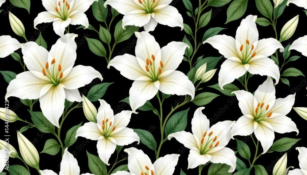 The white lilies with delicate green leaves in this seamless watercolor pattern create a serene and elegant visual display, perfect for adding a touch of nature inspired beauty to any design project. The white lilies with delicate green leaves in this seamless watercolor pattern create a serene and elegant visual display, perfect for adding a touch of nature inspired beauty to any design project.