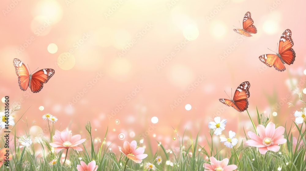 A Serene Garden Scene Featuring Vibrant Orange Butterflies Amidst Delicate Pink and White Flowers Under Soft Sunshine A Serene Garden Scene Featuring Vibrant Orange Butterflies Amidst Delicate Pink and White Flowers Under Soft Sunshine