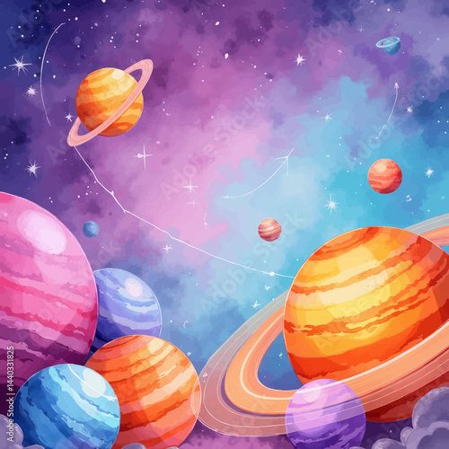 Watercolor planets in colorful nebula sky with stars