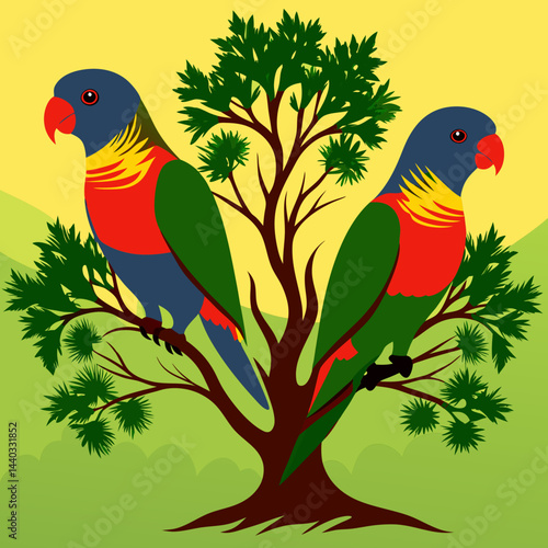 Download Lorikeet Birds  Whit Tree Silhouette Vector Illustration White Background Svg File For Design.