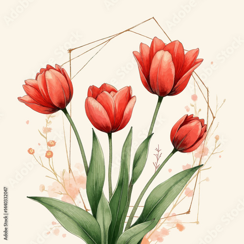 Watercolor red tulips with geometric frame and floral accents