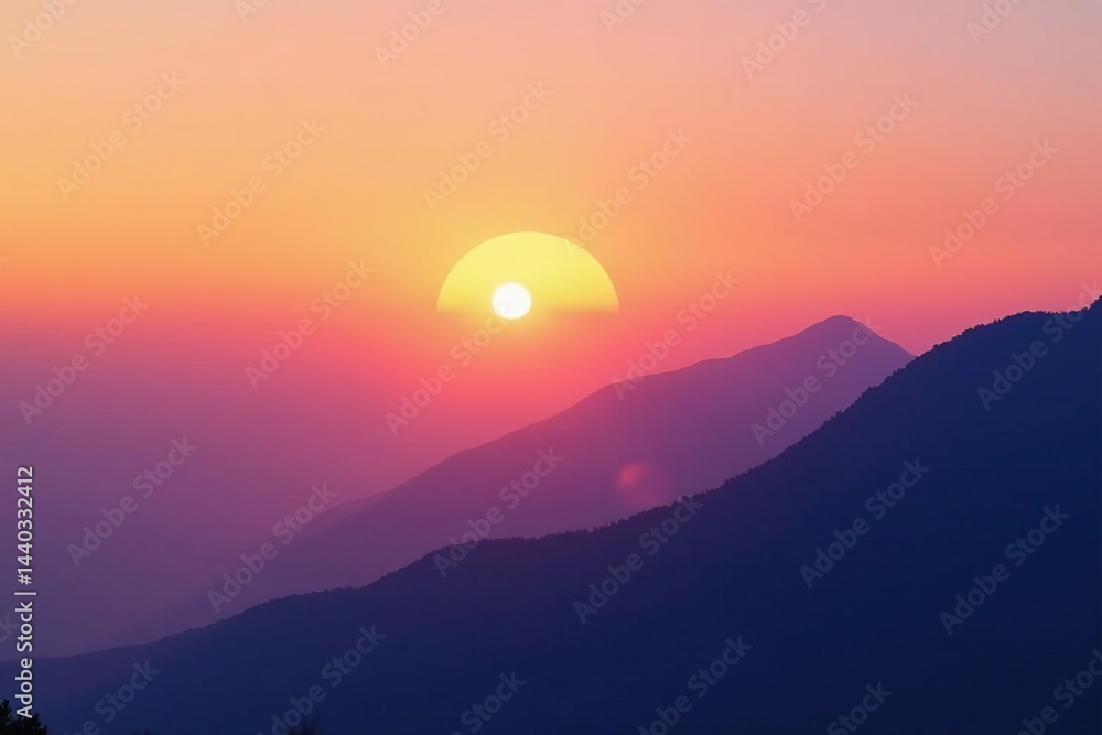 Fototapeta premium Subtle gradient sunrise blends into hazy mountain silhouette, peaceful, pastel, cloud