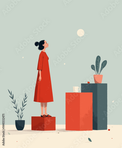 Woman in Red Dress Gazing at Moon on Geometric Blocks