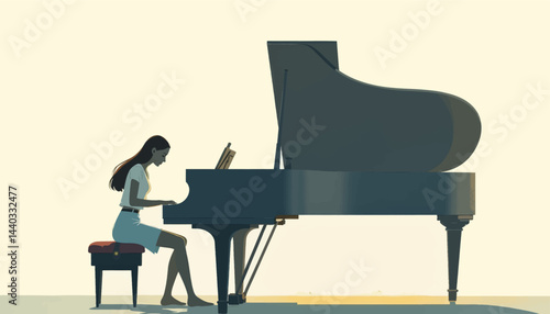Woman plays grand piano in minimalist style illustration