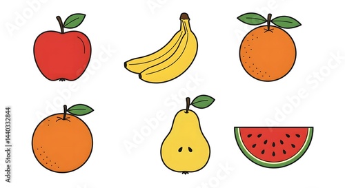 Assorted Fruit Still Life Illustration with Apple, Banana, Orange, Pear and Watermelon