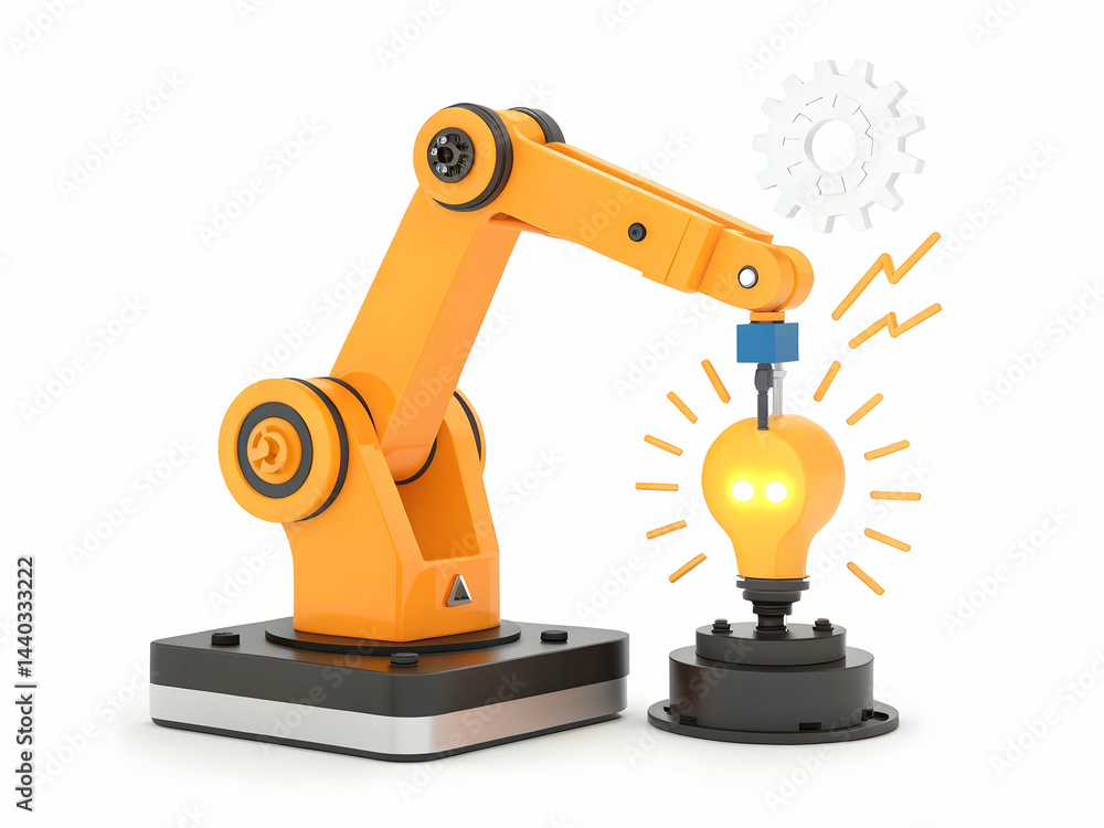 Robotic Arm Creating Light Bulb with Gear and Sparks in Studio Robotic Arm Creating Light Bulb with Gear and Sparks in Studio