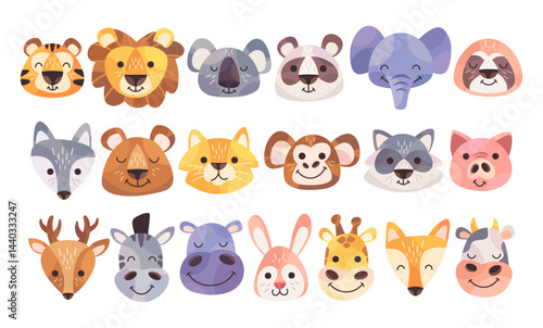 Cute animals avatars cartoon characters set with heads and faces of forest, zoo, farm habitants
