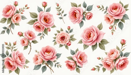 A beautiful collection of delicate rose clusters depicted in a soft, muted watercolor palette, evoking a sense of nostalgia and vintage charm.