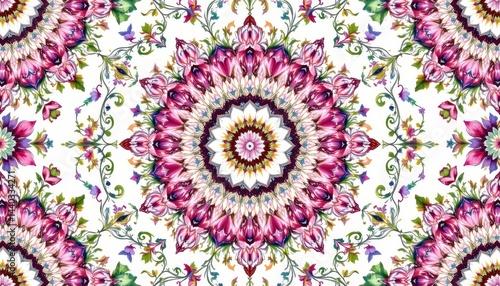 Fototapeta Naklejka Na Ścianę i Meble -  The watercolor floral mandala seamless layout features intricate geometric patterns intertwined with vibrant, hand painted flowers in shades of pink, purple, and green
