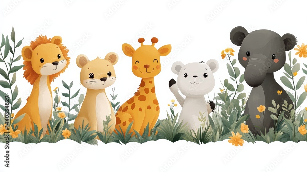 Naklejka premium Illustration of cute cats in various colors and patterns with floral elements