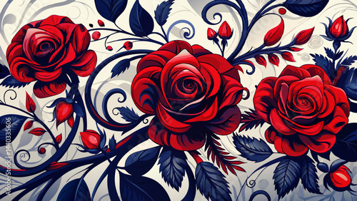 Very beautiful dark floral background with red roses and decorative vines white background 