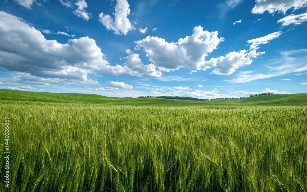 Fototapeta premium Rolling Arid Hills of the Palouse in Eastern Washington, USA with Green Grasses, Textured Farmland, and Scenic Rural Landscape in Spring Under Natural Light and Open Sky
