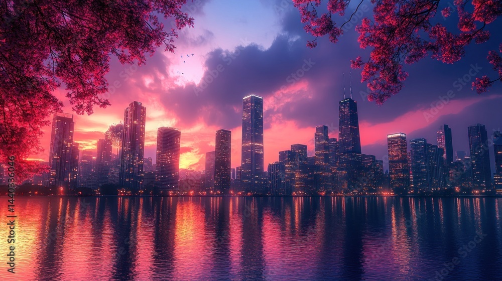 Fototapeta premium Serene Cityscape at Sunset: Chicago's Skyline Reflected in Tranquil Waters