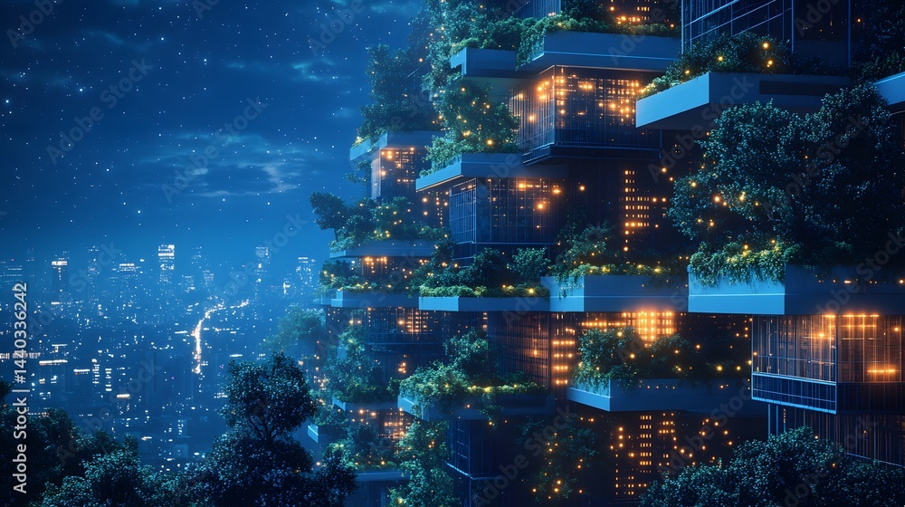 Naklejka premium Futuristic vertical forest building illuminated at dusk, contrasting with the distant cityscape under a star-filled sky. A magical blend of nature and urban design. Abstract wireframe in dark blue
