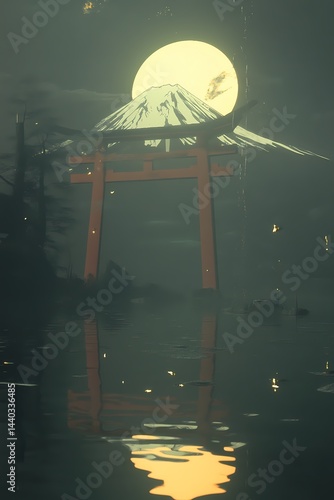 moon over the sea torii gate japanese landscape