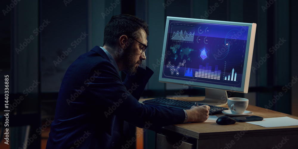 Sad and tired businessman sitting at desk with computer monitor showing analytics, working late night, analyzing data charts on screen. Concept of business, crisis, failure, leadership, downturn Sad and tired businessman sitting at desk with computer monitor showing analytics, working late night, analyzing data charts on screen. Concept of business, crisis, failure, leadership, downturn