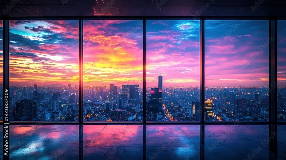 Fototapeta premium Panoramic city sunset view from high-rise window