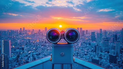 Fototapeta kuchenna Panoramic city view at sunset through binoculars