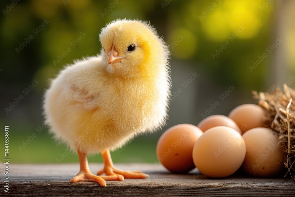 Chick standing near eggs on wood table, nature background, sunny day outdoor Chick standing near eggs on wood table, nature background, sunny day outdoor