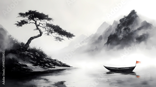 Landscape Lake view of Mountain, Tree, Grass, and Boat On the River. Black and White Ink Painting. Pencil Painting
