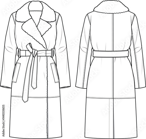 Women's Longline Fleece Coat. Technical fashion flat sketch. Front and back, in white. Women's CAD mock-up.
