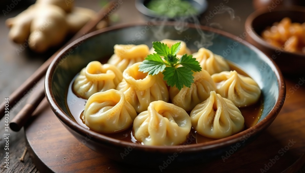 Steaming bowl of dumplings, chopsticks, ginger, pork, chopsticks, vegetable Steaming bowl of dumplings, chopsticks, ginger, pork, chopsticks, vegetable