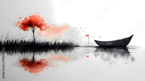 Landscape Lake view of Mountain, Tree, Grass, and Boat On the River. Black and White Ink Painting. Pencil Painting. Orange Leaf on Tree