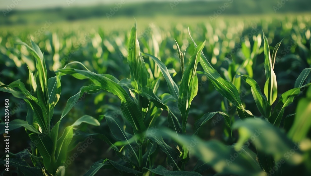 Fototapeta premium Lush Green Cornfield under Sunlight with Soft Focus on Leaves and Stalks in Agricultural Landscape Showing Growth and Abundance in Rural Setting