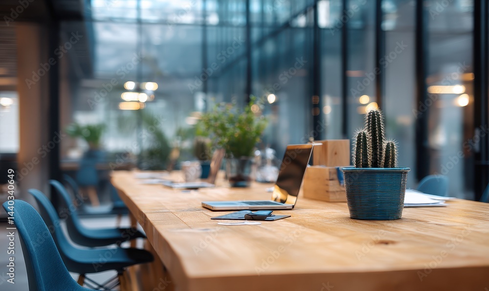 Modern Co-working Space with Wooden Table and Laptops Modern Co-working Space with Wooden Table and Laptops