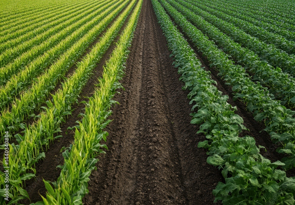Lush Green Rows of Corn and Potato Plants in a Vibrant Agricultural Field Under Clear Blue Sky Lush Green Rows of Corn and Potato Plants in a Vibrant Agricultural Field Under Clear Blue Sky