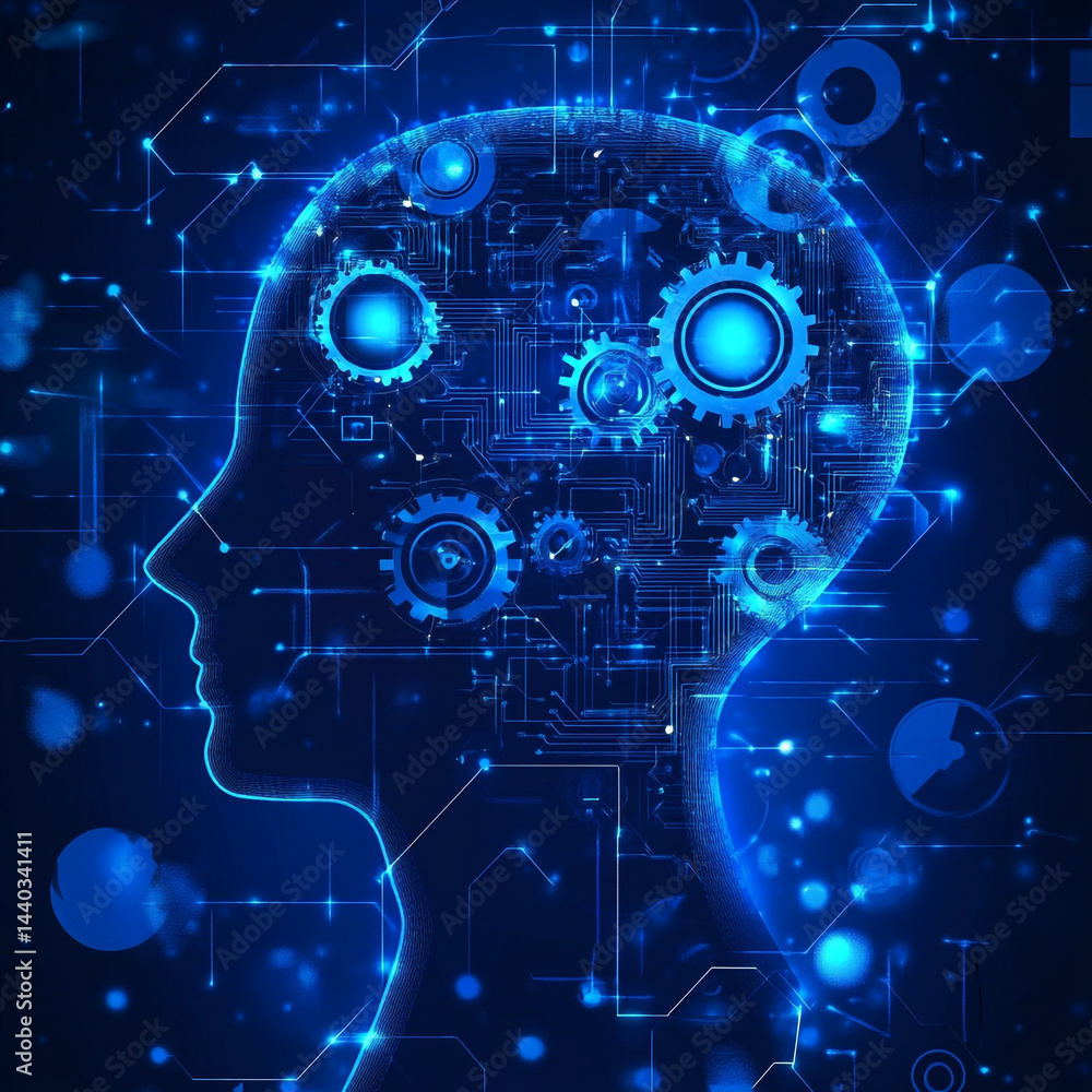 A glowing digital brain inside a human profile, surrounded by circuits and technological elements, symbolizing artificial intelligence and cognitive innovation A glowing digital brain inside a human profile, surrounded by circuits and technological elements, symbolizing artificial intelligence and cognitive innovation