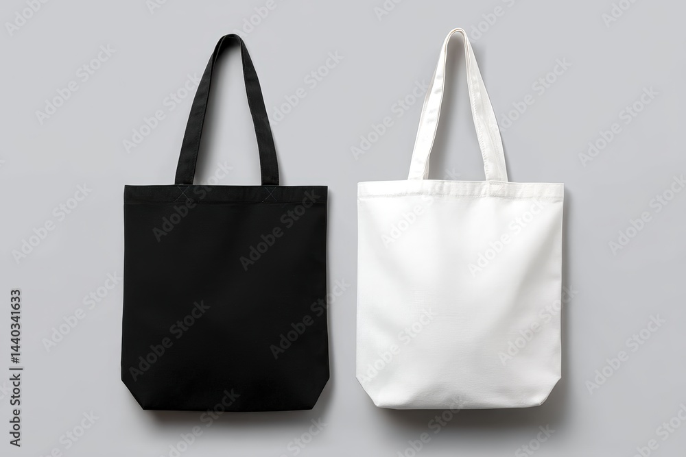 Two plain tote bags, one black and one white, are displayed side by side on a neutral gray background.
