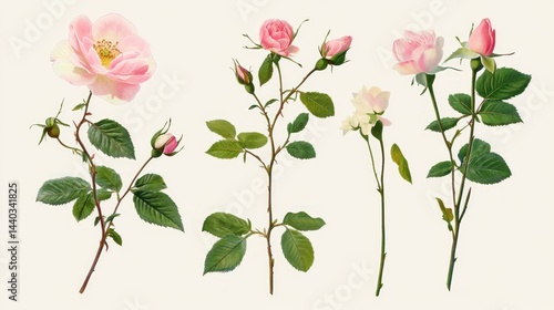 A delicate collection of pastel pink roses with buds and leaves.