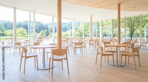 Bright, airy dining area with light wood tables and chairs, large windows showcasing a lush green landscape