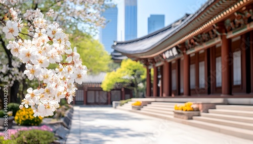 Wallpaper Mural Blossoming cherry branches frame a traditional Asian temple courtyard, modern skyscrapers in the background Torontodigital.ca