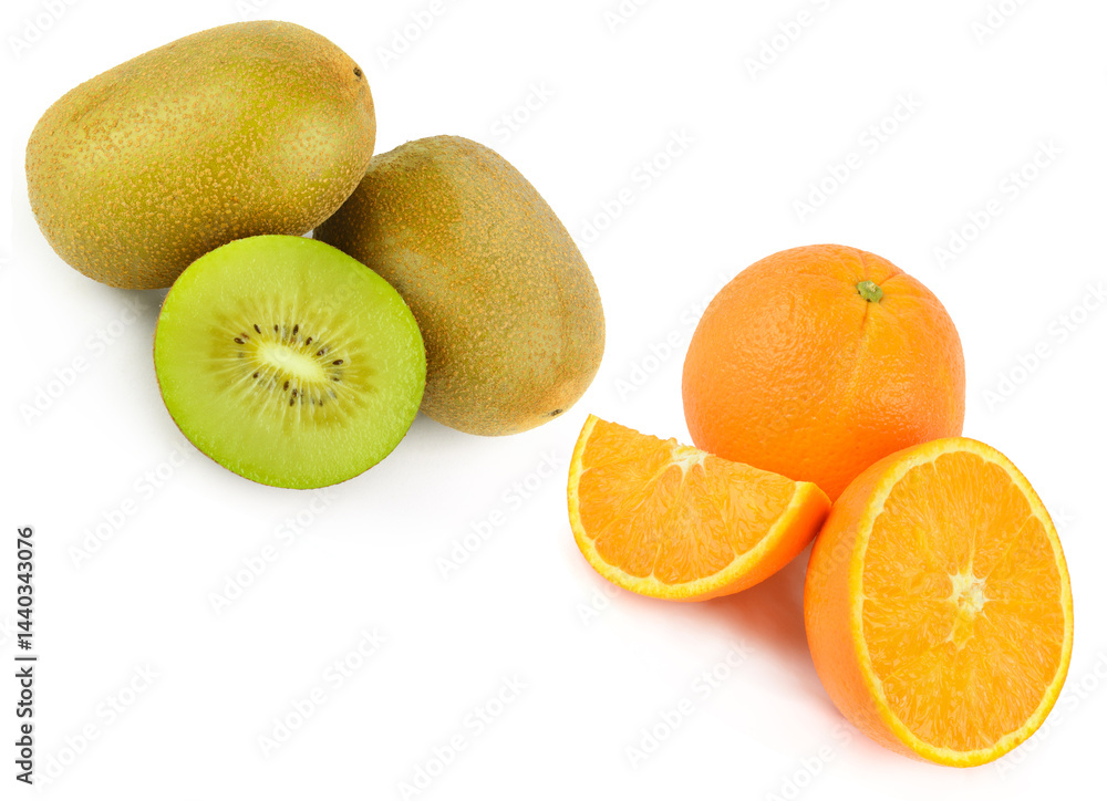 Fototapeta premium Ripe juicy kiwi and orange isolated on white background. Collage.