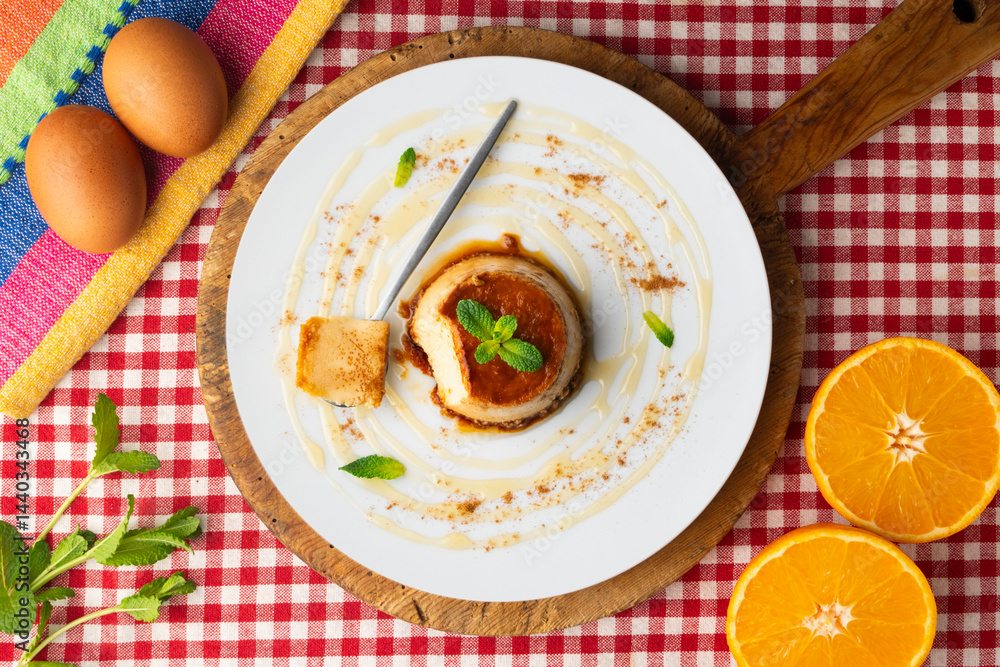 Egg flan with homemade Spanish recipe. Top view table. Egg flan with homemade Spanish recipe. Top view table.