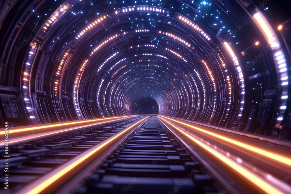 Futuristic tunnel with glowing rails & circular lights Futuristic tunnel with glowing rails & circular lights