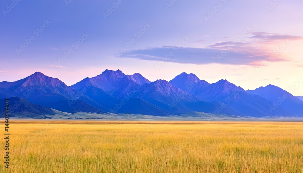 Obraz premium Serene sunset over golden field and majestic purple mountains