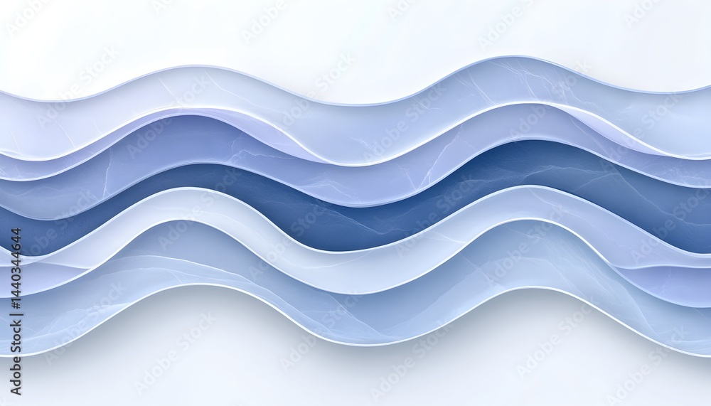 Fototapeta premium Layered, undulating waves in shades of light and dark blue against a white background, creating a 3D effect