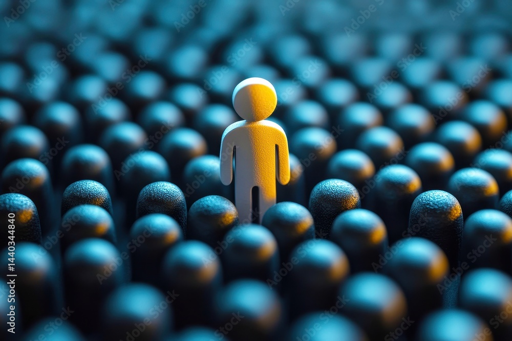 Fototapeta premium A Small Figure Standing Out Amongst Shadows in a Sea of Dark Shapes, Symbolizing Individuality and Isolation in a Modern World
