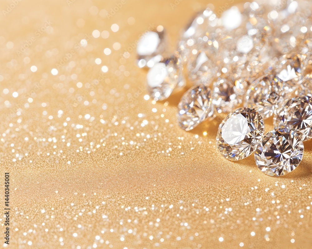 Sparkling diamonds scattered on a glittering gold surface Sparkling diamonds scattered on a glittering gold surface