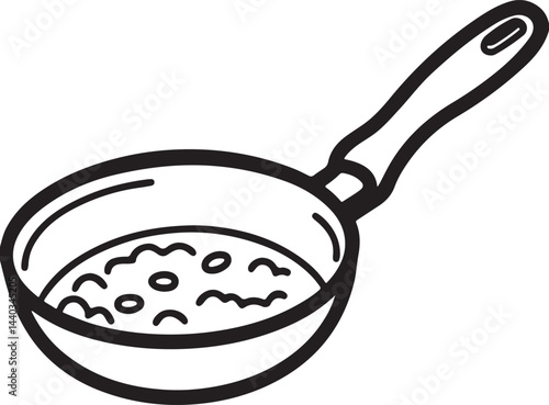 frying pan with scrambled egg line art, black outline, vector and illustration, coloring book page line art drawing