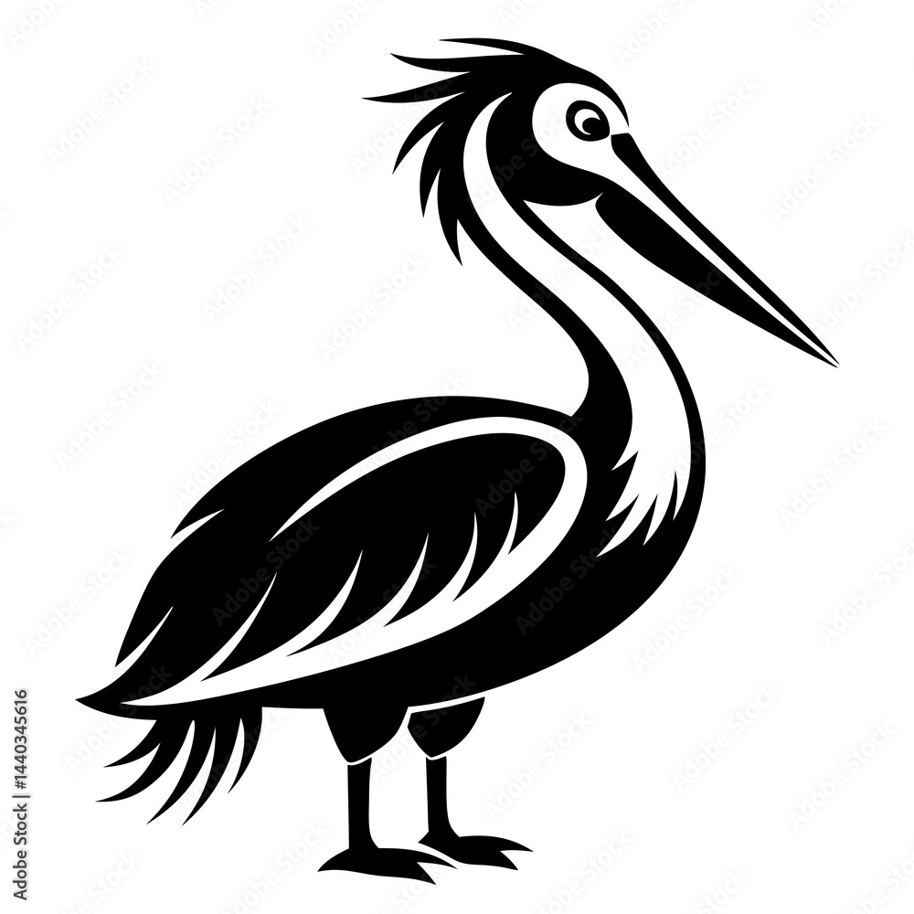 Fototapeta premium Black and white silhouette illustration of a pelican standing