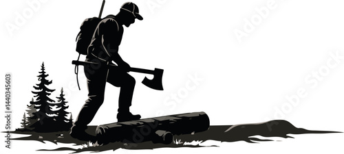 Forester Silhouette – Lumberjack with Axe in Wilderness Scene