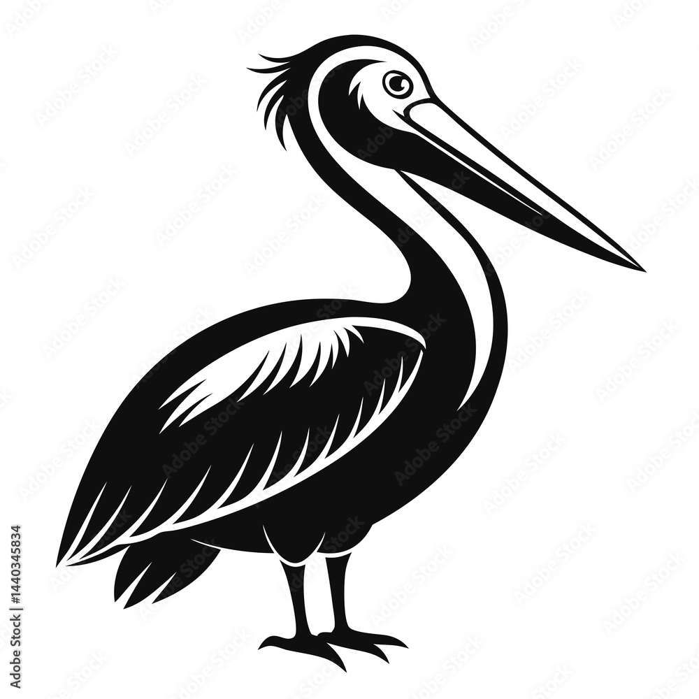 Fototapeta premium Black and white silhouette illustration of a pelican standing