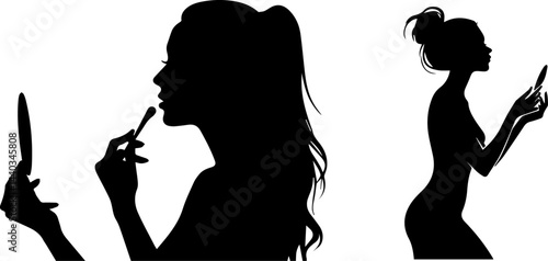 Silhouettes of Women Applying Makeup with Mirror
